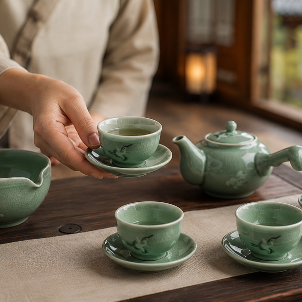 Celadon Cloud & Crane Korean Tea Set — Handcrafted Teapot, Water Bowl & Cups