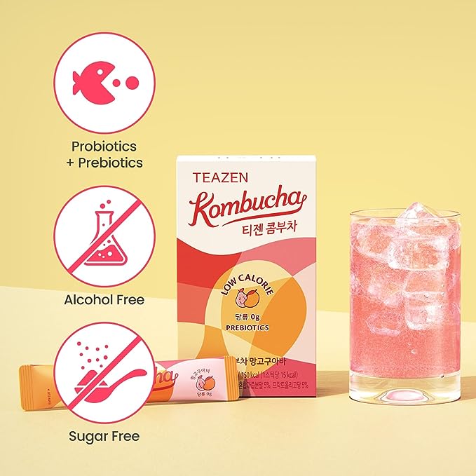 [Mango Guava] Teazen Kombucha Tea, Zero Sugar, Sparkling Fermented Powdered Mix Beverage from Korea, Live Probiotics & Prebiotics, 30 or 50 Sticks