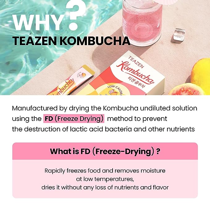 [Mango Guava] Teazen Kombucha Tea, Zero Sugar, Sparkling Fermented Powdered Mix Beverage from Korea, Live Probiotics & Prebiotics, 30 or 50 Sticks