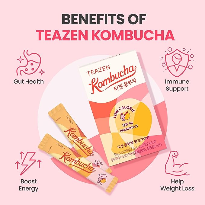 [Mango Guava] Teazen Kombucha Tea, Zero Sugar, Sparkling Fermented Powdered Mix Beverage from Korea, Live Probiotics & Prebiotics, 30 or 50 Sticks