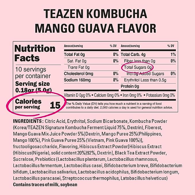 [Mango Guava] Teazen Kombucha Tea, Zero Sugar, Sparkling Fermented Powdered Mix Beverage from Korea, Live Probiotics & Prebiotics, 30 or 50 Sticks