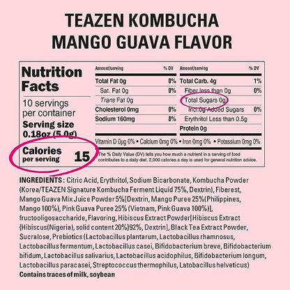 [Mango Guava] Teazen Kombucha Tea, Zero Sugar, Sparkling Fermented Powdered Mix Beverage from Korea, Live Probiotics & Prebiotics, 30 or 50 Sticks