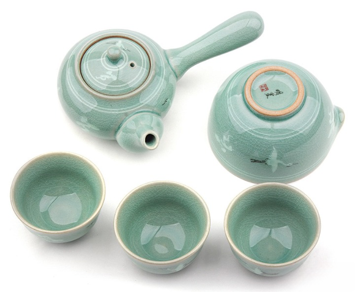 청자 운학 5인 다기세트 – Celadon Cloud & Crane Korean Tea Set (Teapot, Water Bowl, 3 or 5 Cups)