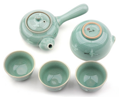청자 운학 5인 다기세트 – Celadon Cloud & Crane Korean Tea Set (Teapot, Water Bowl, 3 or 5 Cups)