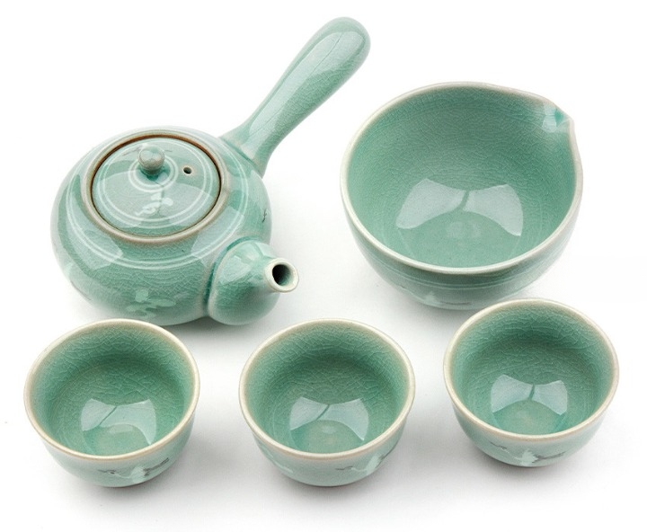 청자 운학 5인 다기세트 – Celadon Cloud & Crane Korean Tea Set (Teapot, Water Bowl, 3 or 5 Cups)
