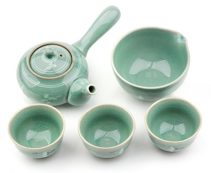 청자 운학 5인 다기세트 – Celadon Cloud & Crane Korean Tea Set (Teapot, Water Bowl, 3 or 5 Cups)