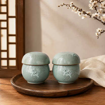 Doseong Orchid Celadon Solo Tea Set – jade-green Korean celadon
   with orchid motif