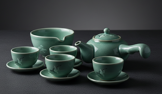청자 운학 5인 다기세트 – Celadon Cloud & Crane Korean Tea Set (Teapot, Water Bowl, 3 or 5 Cups)