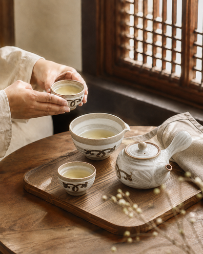 Buncheong Iron Orchid 3-Person Tea Set | Korean Traditional Teaware