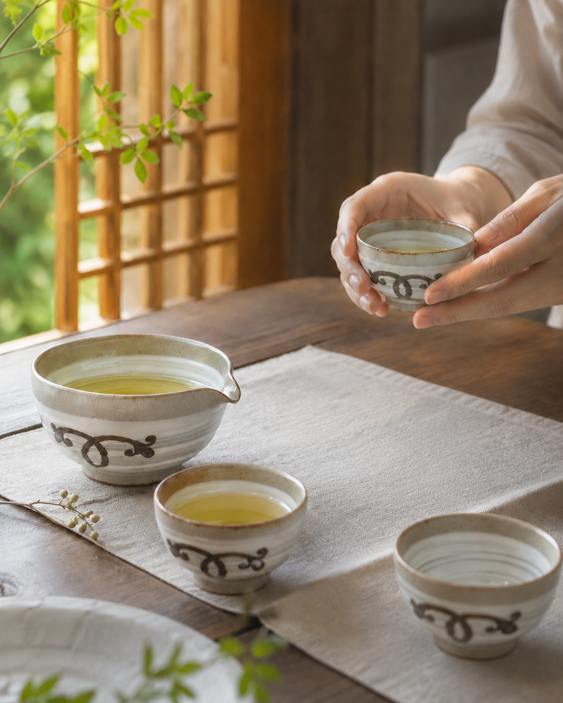 Buncheong Iron Orchid 3-Person Tea Set | Korean Traditional Teaware
