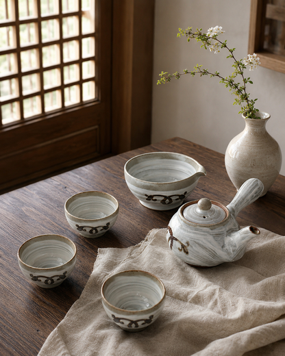 Buncheong Iron Orchid 3-Person Tea Set | Korean Traditional Teaware