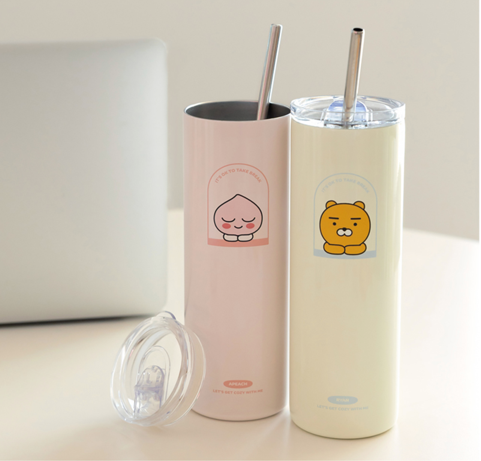 Kakaofriends Slim Tumblers + Straw included (Pink or Yellow)|  (600ml)
