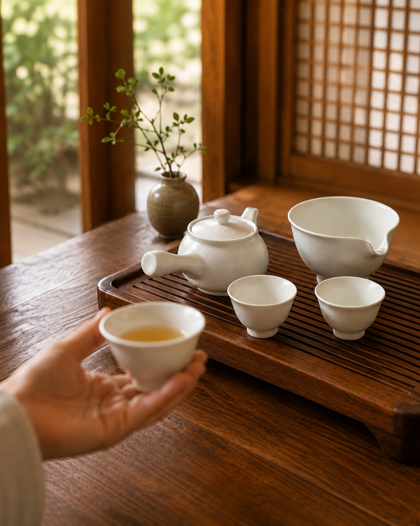 Korean Baekja Tea Set – A Surface Where Time and Nature Slowly Appear (White 3-Person 다기세트)