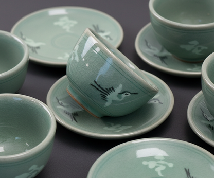 청자 운학 5인 다기세트 – Celadon Cloud & Crane Korean Tea Set (Teapot, Water Bowl, 3 or 5 Cups)