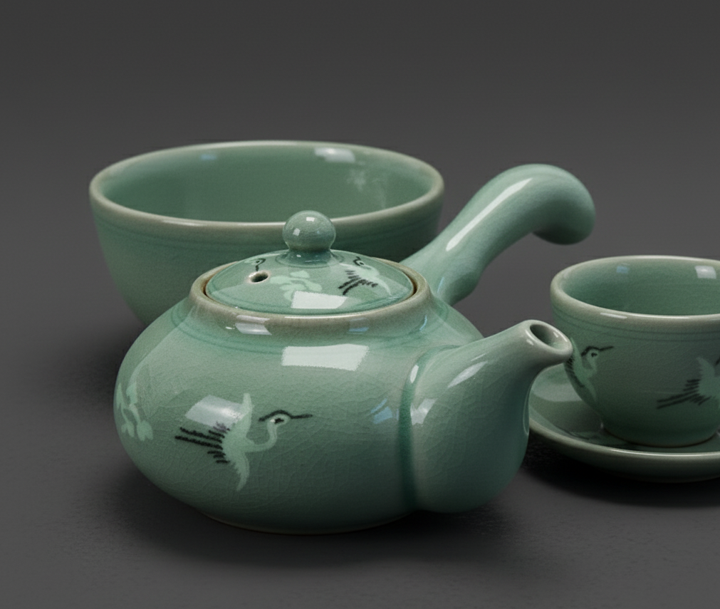 청자 운학 5인 다기세트 – Celadon Cloud & Crane Korean Tea Set (Teapot, Water Bowl, 3 or 5 Cups)
